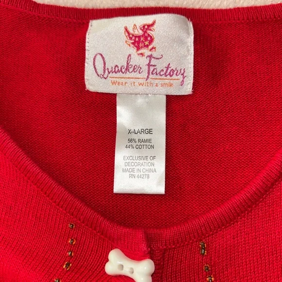 Vintage Quacker Factory Red Cardigan with Puppy Dog Embroidery XL Bone Buttons - Picture 5 of 8